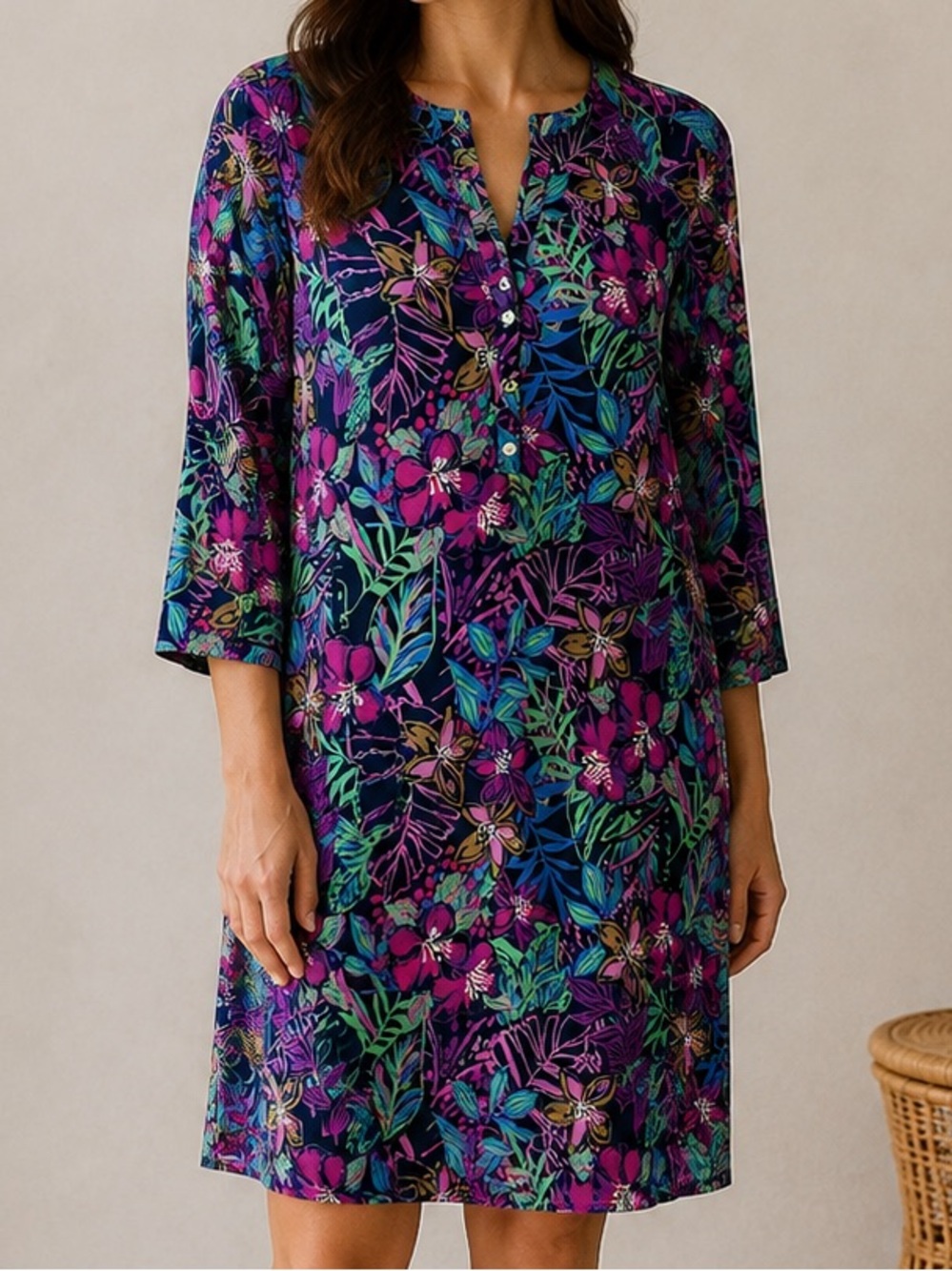 Cappagallo Tropical Floral Button-Front Shift Dress Size Medium Resortwear